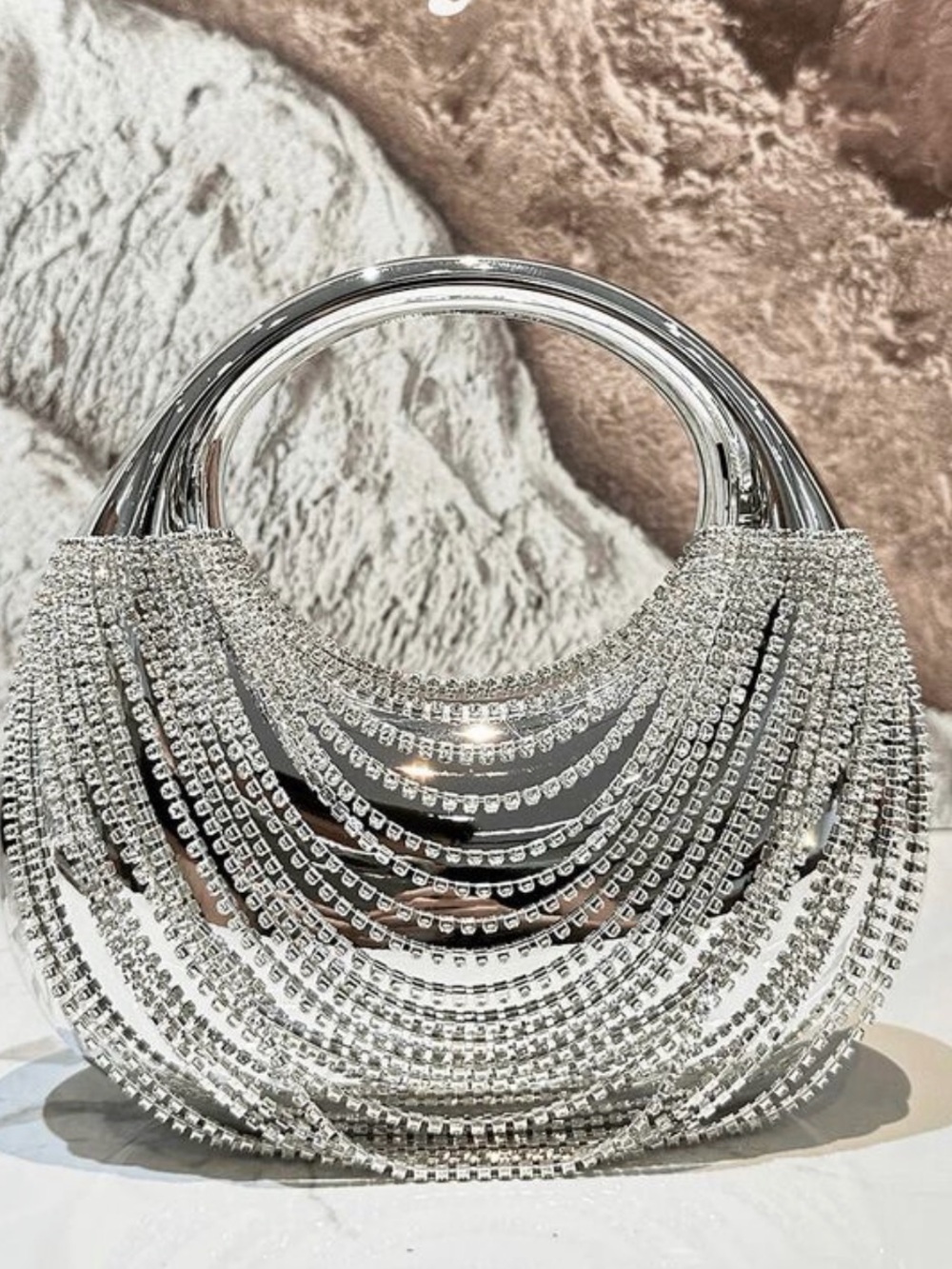 Silver Rhinestone Fringe Glam Clutch